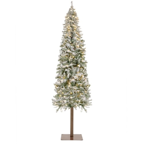 Pre-Lit Snow Flocked Alpine Slim Pencil Christmas Tree w/ LED Lights, Stand - 7.5ft - Lot 2635