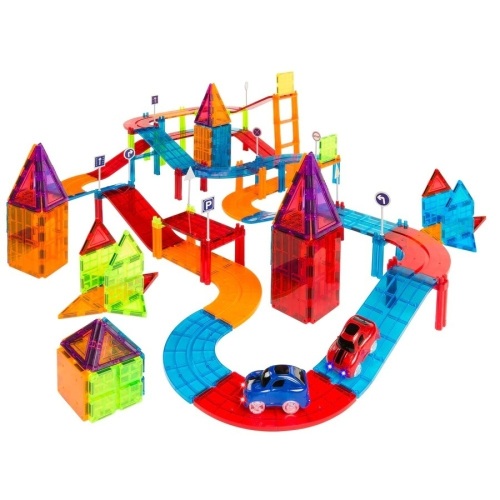 212-Piece Kids Magnetic Tile Car Race Track STEM Building Toy Set w/ 2 Cars - Lot 2760