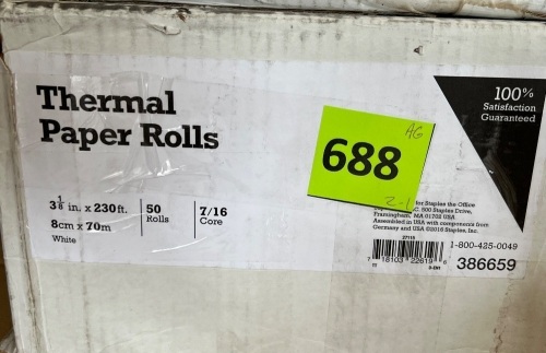 Box of Thermal Paper Rolls, Appears New - Lot 688A