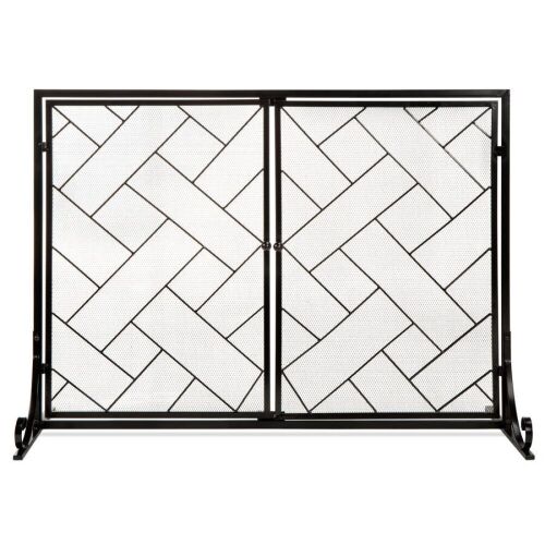 2-Panel Wrought Iron Geometric Fireplace Screen w/ Magnetic Doors - 44x33in - Lot 123