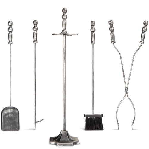 5-Piece Rustic Iron Fireplace Tool Set w/ Tongs, Poker, Broom, Shovel, Stand - Lot 153