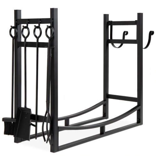 Steel Firewood Log Storage Rack & Tool Set w/ Kindling Holder - 34.25in - Lot 3119