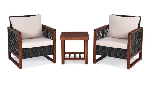 Costway 3-Pieces Wood Patio Conversation Set with Beige Cushions  - Lot 99