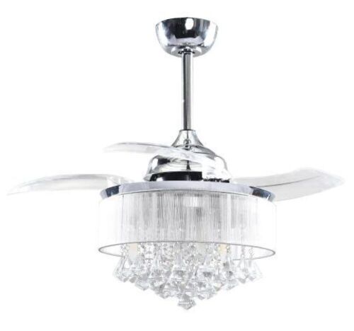 Broxburne 36 in. Indoor Chrome Downrod Mount Retractable Crystal Chandelier Ceiling Fan with Light and Remote Control - Lot 129