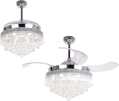 Crystal Chandelier Ceiling Fan with Retractable Blades, 4000K Cool White Lights, 46 Inch, Chrome - Lot 329