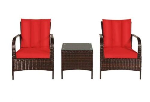 Island 3-Piece Wicker Patio Conversation Set with Red Cushions - Lot 390
