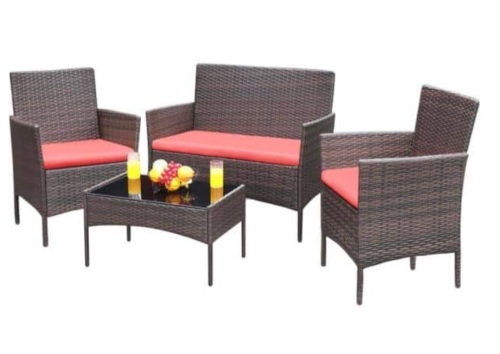 4-Pieces Wicker Outdoor Patio Furniture Set with Red Cushion - Lot 419