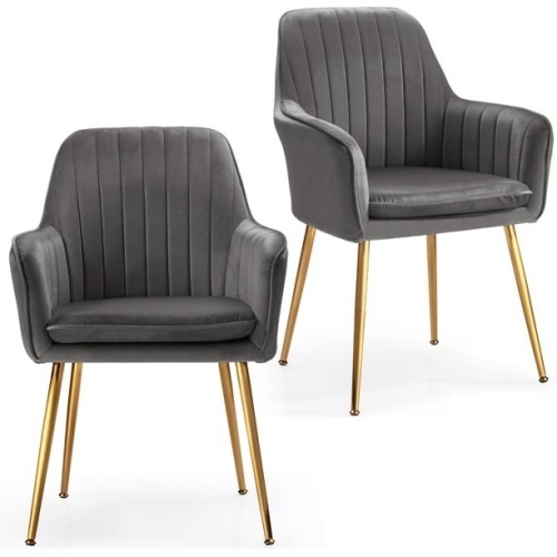 Costway Set of 2 Velvet Dining Chairs Mid-Back Leisure Armchair w/ Gold Legs, Gray  - Lot 450
