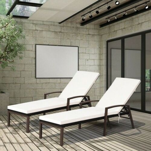 2 Pcs Patio Rattan Adjustable Back Lounge Chair with Armrest and Removable Cushions - Lot 561