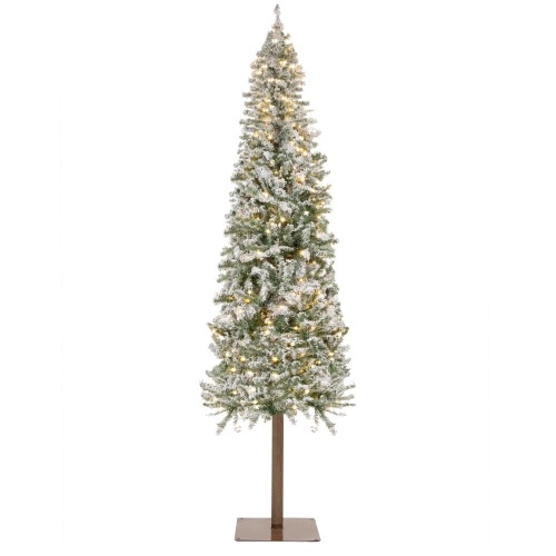 7.5' Pre-Lit Snow Flocked Alpine Slim Pencil Christmas Tree w/ LED Lights, Stand  - Lot 615