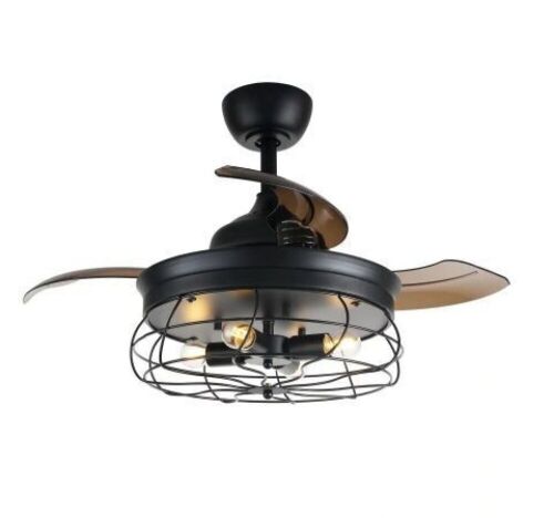 34 in. Indoor Black Downrod Mount Retractable Ceiling Fan with Light Kit Remote Control - Lot 1178