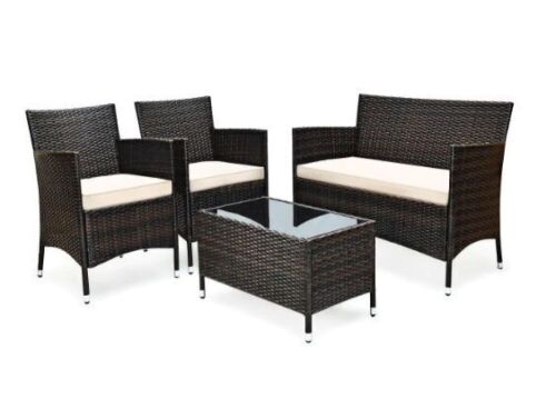 4-Piece Rattan Patio Conversation Set with Cushion Beige - Lot 179