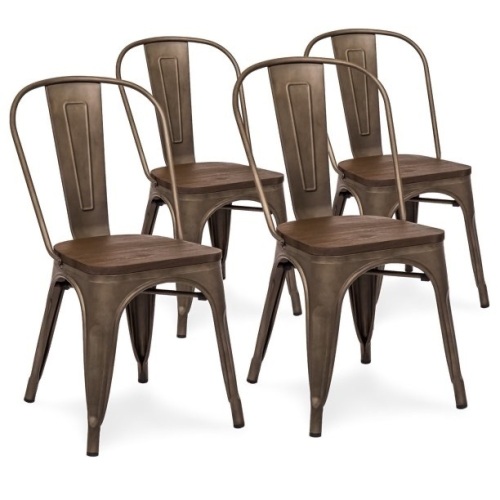 Set of 4 Industrial Distressed Metal Bistro Dining Side Chairs w/ Wooden Seat  - Lot 535