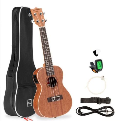 23in Acoustic Electric Concert Sapele Ukulele Starter Kit w/ Built-in Tuner - Lot 882