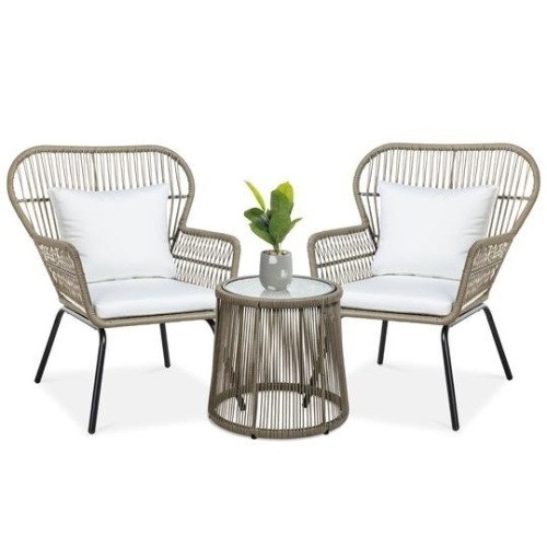 3-Piece Patio Wicker Conversation Bistro Set w/ 2 Chairs, Glass Top Table. Appears New. $399 Retail Value - Lot 70