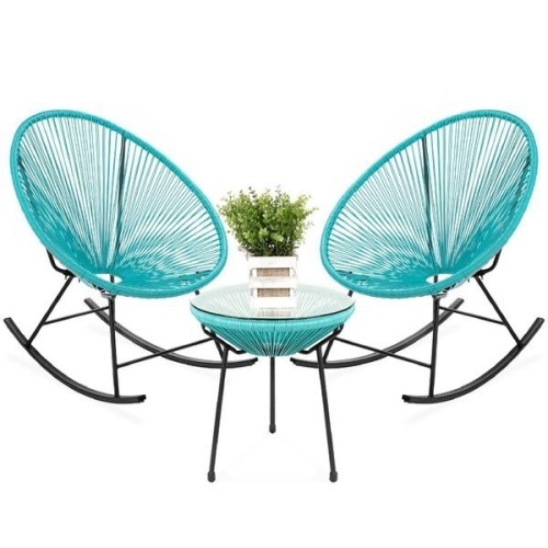 3-Piece Patio Woven Rope Acapulco Rocking Chair Bistro Set, Teal. Appears New.  - Lot 81