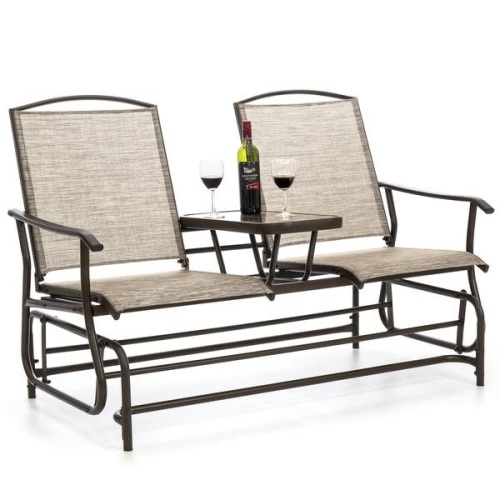2-Person Outdoor Mesh Double Glider w/ Tempered Glass Attached Table. Appears New - Lot 84
