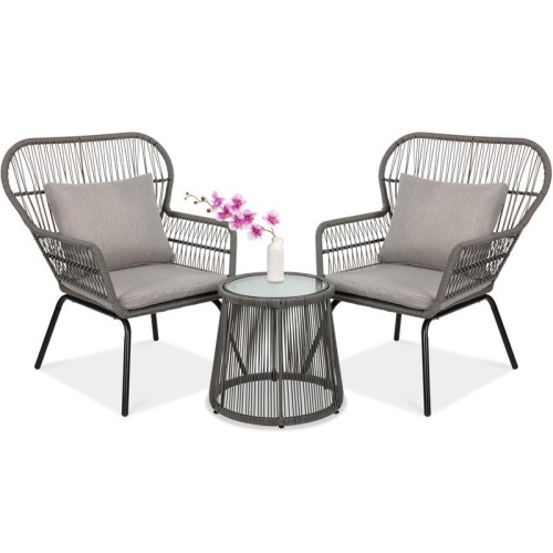 3-Piece Patio Wicker Conversation Bistro Set w/ 2 Chairs, Table, Cushions. Appears New  - Lot 91