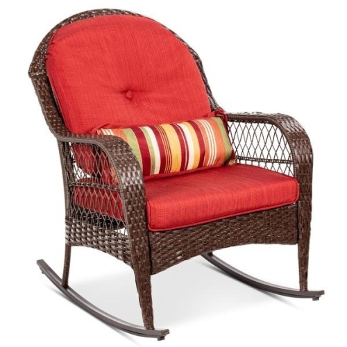 Wicker Rocking Chair w/ Steel Frame, Decorative Pillow, Cushions, Red. Appears New.  - Lot 110