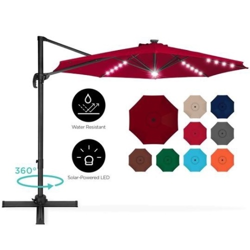 360-Degree LED Cantilever Offset Patio Umbrella w/ Tilt, 10ft - Burgundy. Appears New - Lot 148