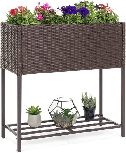 2-Tier Indoor Outdoor Wicker Elevated Garden Planter Box Stand for Potted Flowers, Plants, Herbs. Appears New - Lot 204