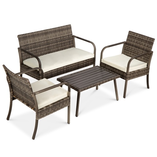 4-Piece Wicker Patio Conversation Set w/ 3 Chairs, Coffee Table, Weather-Resistant Cushions. Appears New - Lot 246