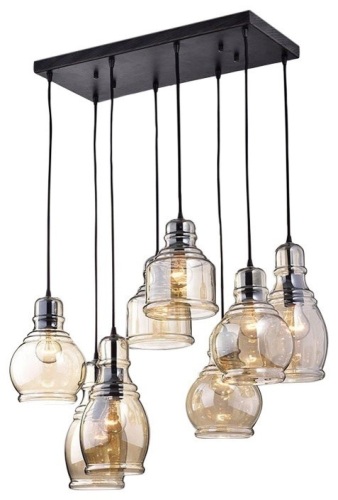 8-Light Cognac Glass Cluster Pendant in Antique Black Finish. NEW - Lot 284