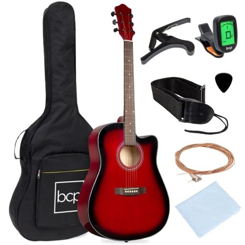 Full Size Beginner Acoustic Guitar Set with Case, Strap, Capo, 41", Red - Appears New  - Lot 535