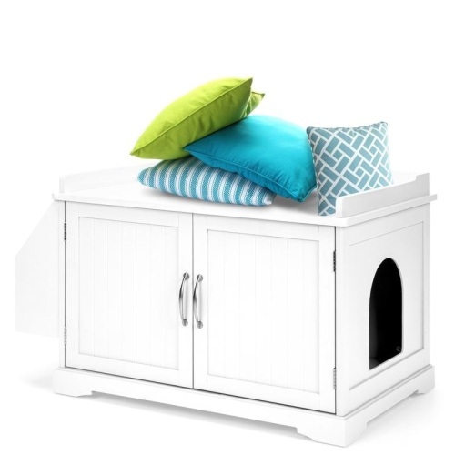 Large Wooden Cat Litter Box Enclosure Cabinet & Side Table w/ Magazine Rack, White - Appears New  - Lot 549