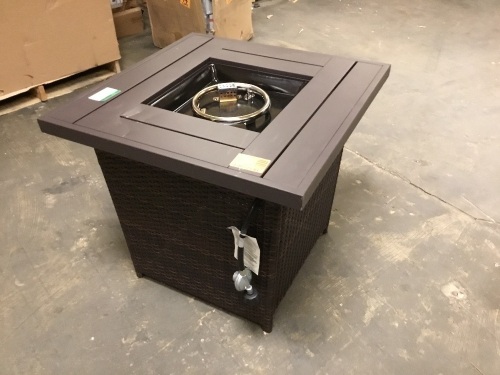 28in Fire Pit Table 50,000 BTU Wicker Propane w/ Faux Wood Tabletop, Cover - E-Comm Return, Appears New with Minor Cosmetic Damage   - Lot 625