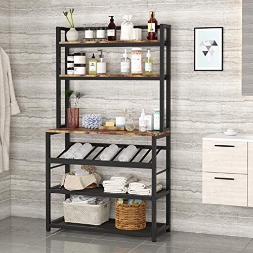 TIYASE 6-Tier Kitchen Baker’s Rack with Storage and Wine Rack, 6 Hooks - Appears New - Lot 656