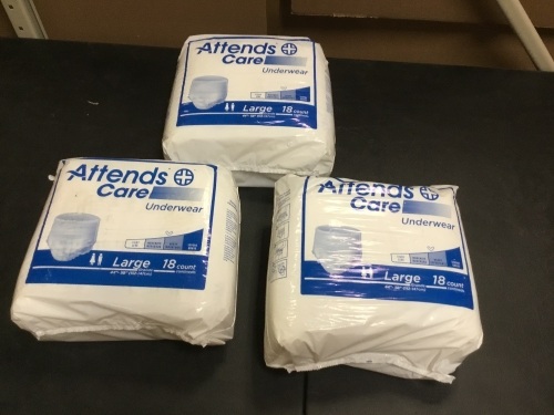 Lot of (3) Attends Care Incontinence Underware, 18ct, Large - Appear New - Lot 812