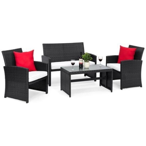 4-Piece Outdoor Wicker Conversation Patio Set w/ 4 Seats, Glass Table Top. Appears New - Lot 59