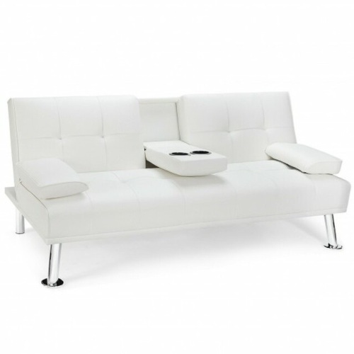 Convertible Folding Leather Futon Sofa With Cup Holders And Armrests - Lot 43
