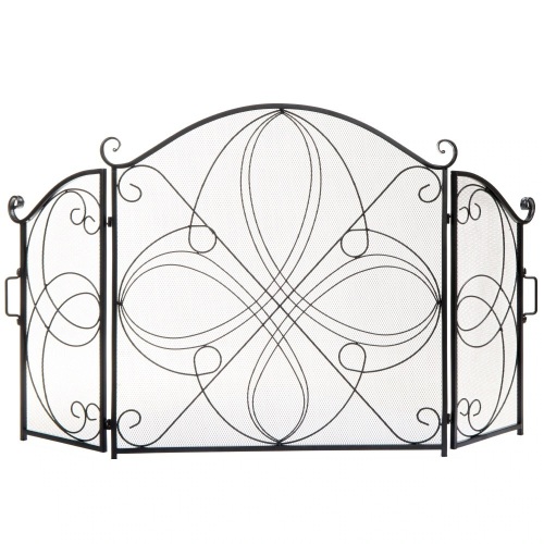 3-Panel Wrought Iron Metal Fireplace Screen Cover w/ Scroll Design - 55x33in - Lot 186