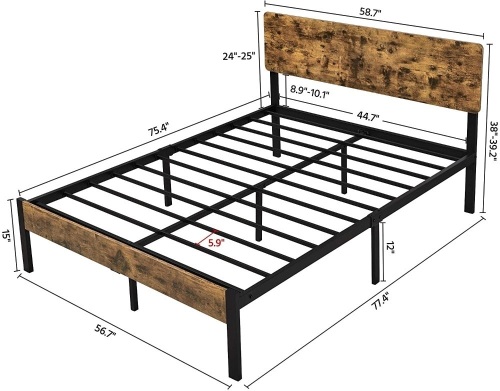 Vintage Style Full Size Metal Bed Frame with Wooden Headboard/Mattress Foundation/No Box Spring Needed/Under Bed Storage - Lot 403