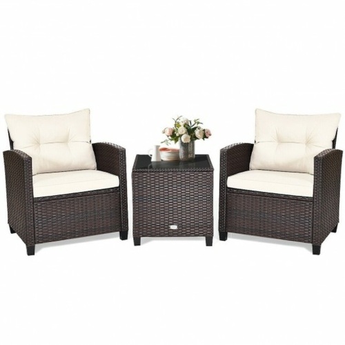 3 Piece Patio Rattan Furniture Set Cushioned Conversation Set Coffee Table - Lot 412