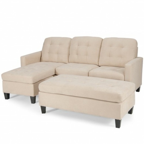 L-Shaped Linen Reversible Sectional Sofa Couch With Ottoman - Partial Set Box 3/3 - Lot 441