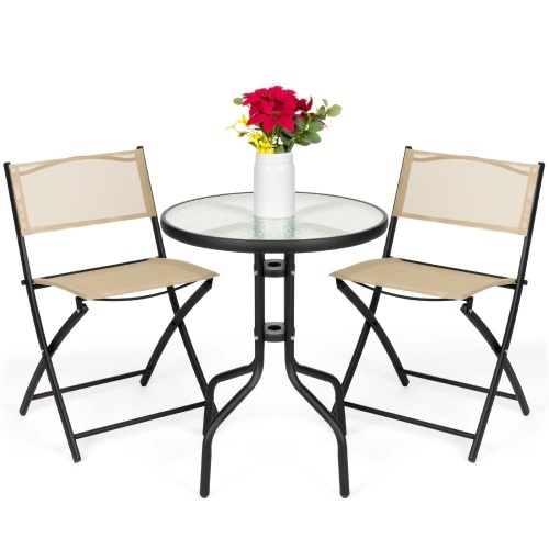 3-Piece Bistro Set w/ Glass Table, 2 Foldable Chairs - Lot 60