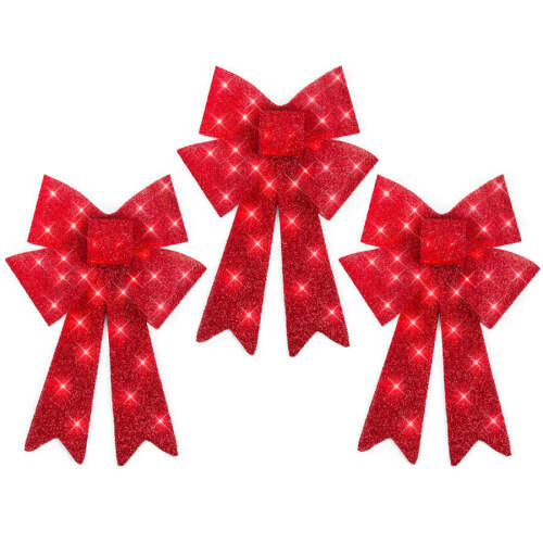 Set of 3 Pre-Lit Christmas Bow Decoration, LED Holiday Decor w/ 8 Functions - Lot 164