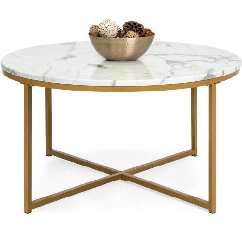 Round Coffee Table w/ Faux Marble Top, Metal Frame - 36in - Lot 167