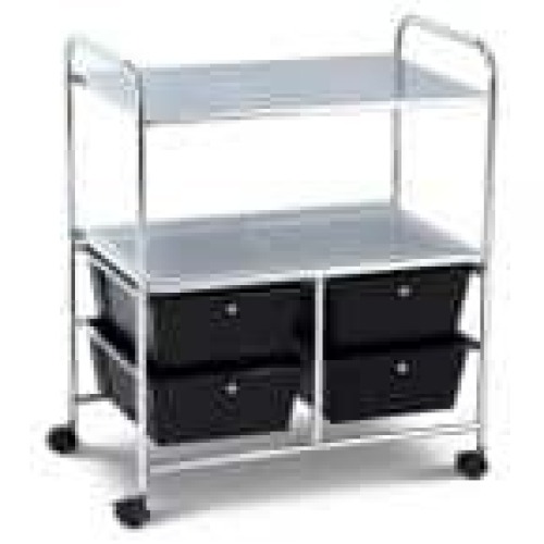 3-Tier Metal 4-Wheeled Rolling Storage Cart Rack Shelf with 4 Drawers in Black - Lot 333
