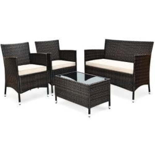 4-Piece Rattan Patio Conversation Set with Cushion Beige - Lot 334