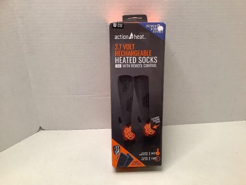 Action Heat, 3.7 Volt rechargable Heated Socks, 2.0 With remote Control, Unisex s/m, Powers up, Not tested further, appears new - Lot 399Y