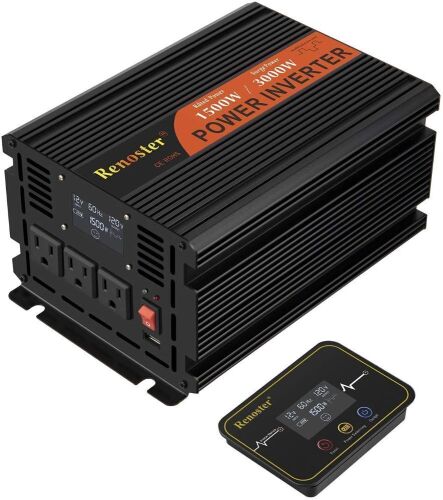 Renoster 1500W Power Inverter DC 12V to AC 120V with LCD Display Wireless Rechargeable Remote Control, Modified Sine Wave Car Power Converter with 3 AC Outlets 2.1A USB - Lot 222