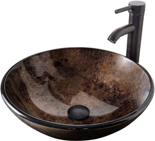 ELECWISH Bathroom Vessel Sink with Faucet Mounting Ring and Pop Up Drain 16.5 Inch Tempered Glass Basin - Lot 438