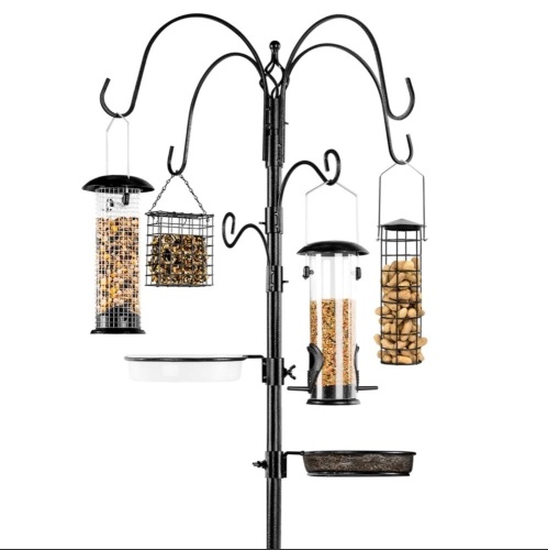 Bird Feeding Station, 6-Hook Steel Multi-Feeder Stand w/ 4 Feeders, 89in  - Lot 513