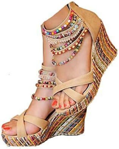 getmorebeauty Women's Wedge Sandals with Beads, Size 8  - Lot 562