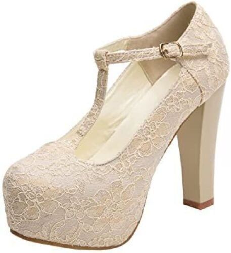 getmorebeauty Women's Marty Janes T-Strappy Lace Women Dress Wedding Shoes, Size 9 - Lot 572