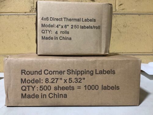 4" x 6" Direct Thermal Labels, 4 Rolls of 250 and 8.27" x 5.32" Round Corner Shipping Labels, 500 Sheets - Lot 1123